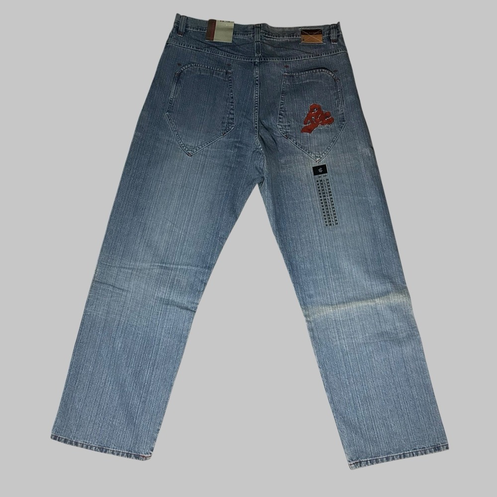 Y2k Rocawear Men's 38x34 Baggy Wide Leg Whiskers Denim Jeans